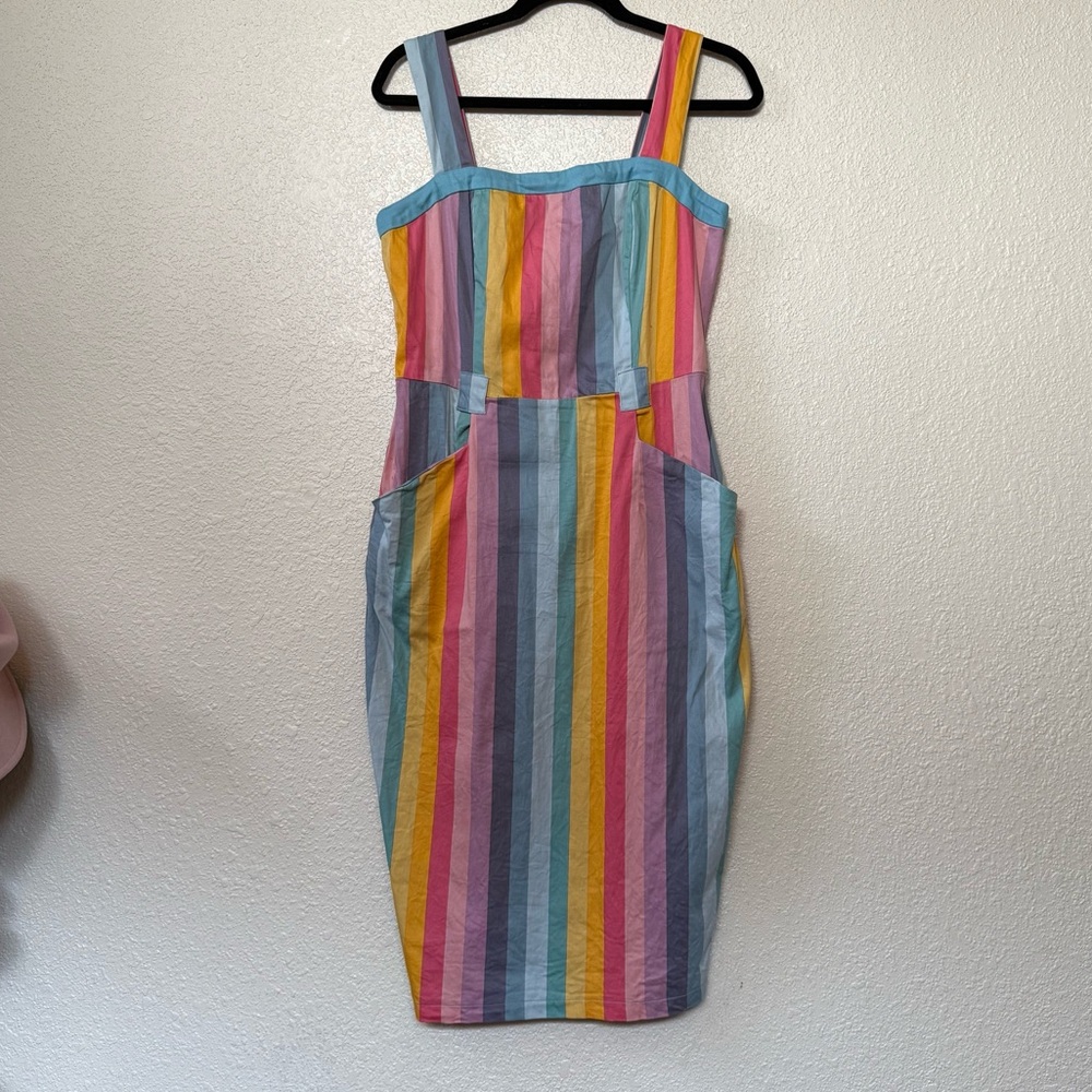 Collectif Rainbow Striped Retro Style Sheath Dress Size 8